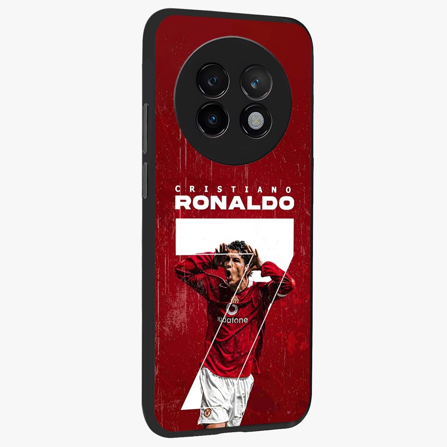 Goal Celebration Legacy Glass Case upright view showcasing dynamic football inspired artwork with victory celebration aesthetic.