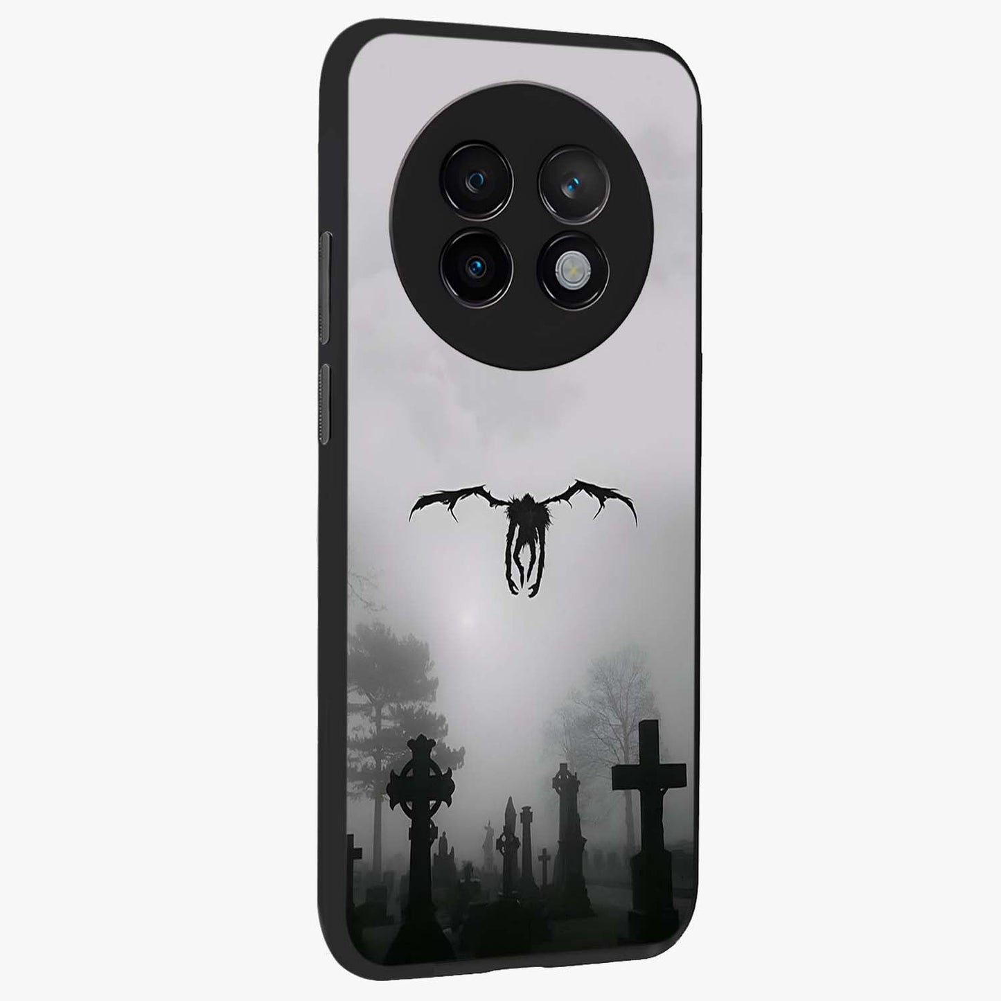 Graveyard Shadow Descent Glass Case upright view showcasing haunting graveyard artwork with dramatic dark theme.