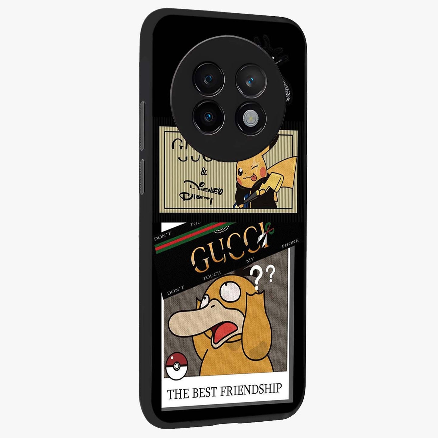 Gucci Play Mashup Glass Case upright view showcasing trendy luxury inspired artwork with modern fashion theme.