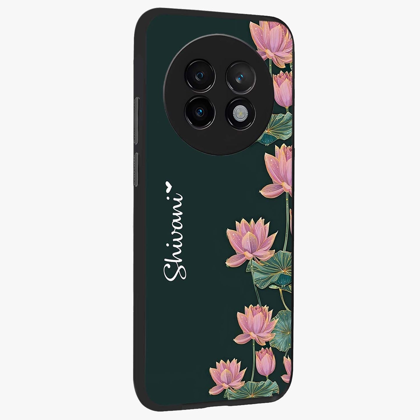 Lotus Bloom Serenity Custom Name Glass Case upright view showcasing serene lotus bloom artwork with personalized floral aesthetic.