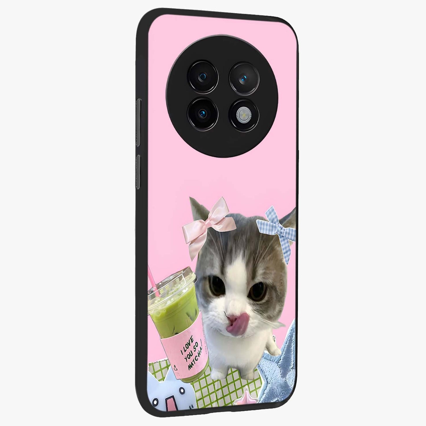 Love Matcha Cat Glass Case upright view showcasing adorable cat artwork with charming matcha themed design.