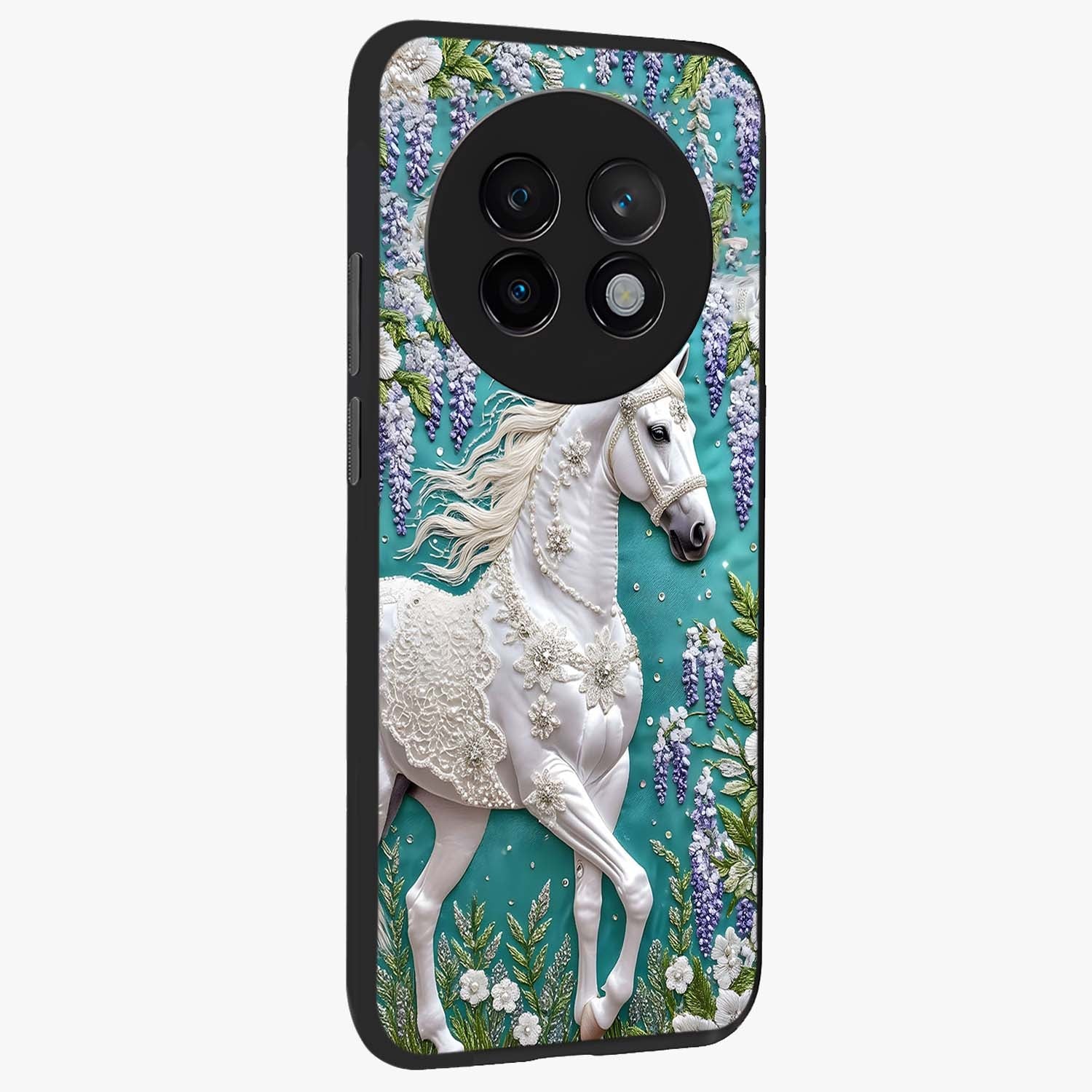 Majestic Floral Stallion Glass Case upright view showcasing dramatic horse artwork with decorative floral theme.