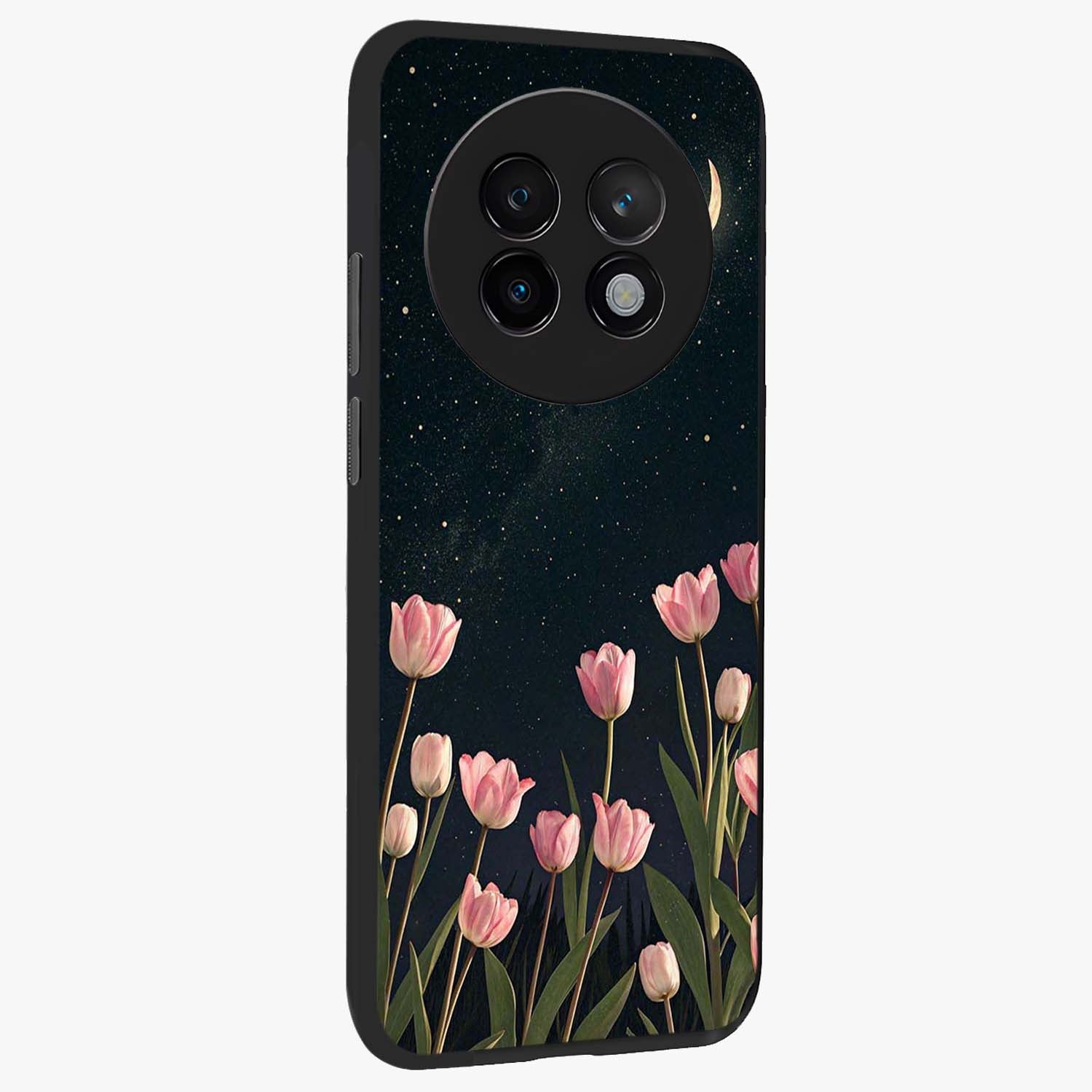 Midnight Tulip Whispers Vibe Glass Case upright view showcasing graceful tulip artwork with calm botanical theme.