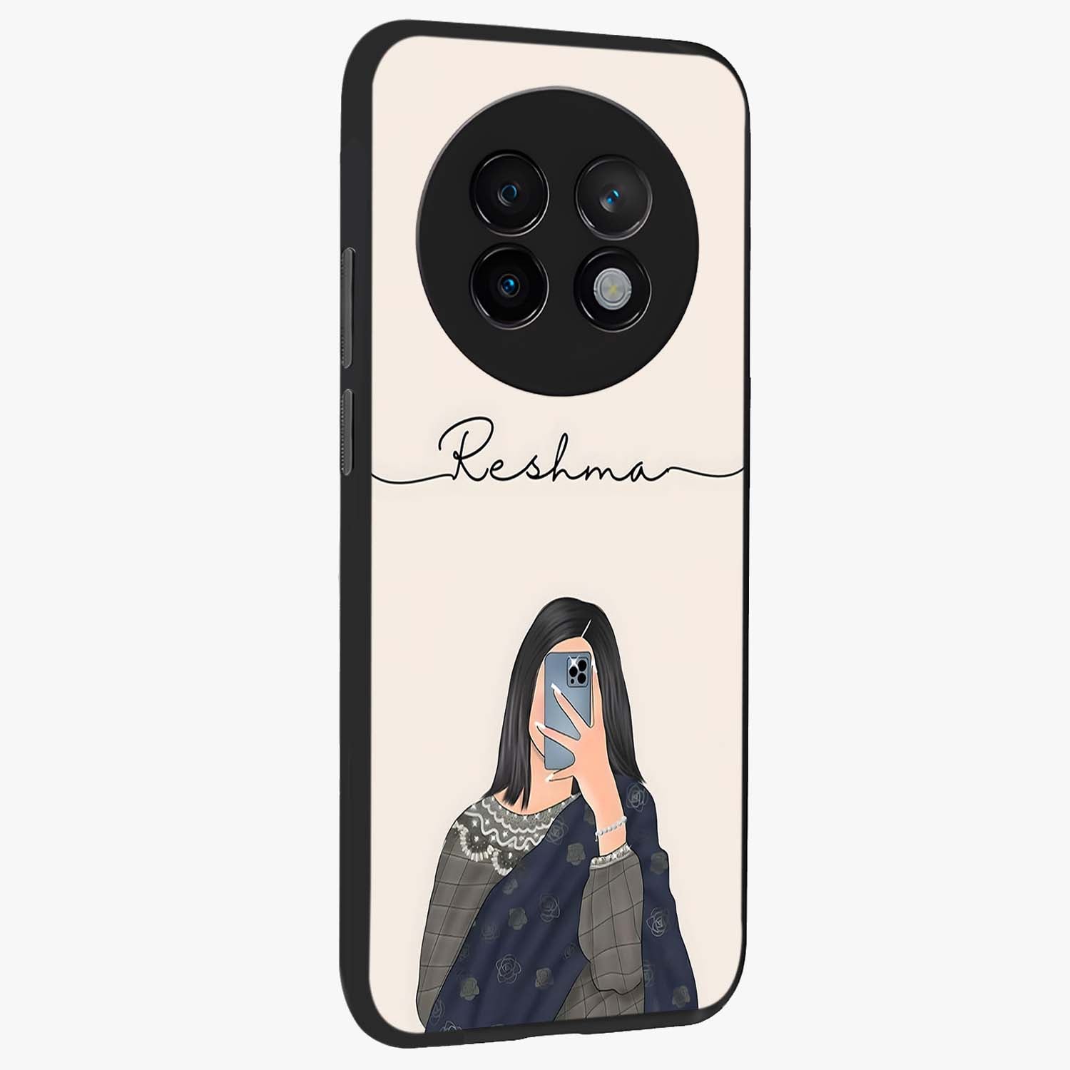 Mirror Mood Muse With Custom Name Glass Case upright view showcasing artistic mirror themed artwork with personalized aesthetic.