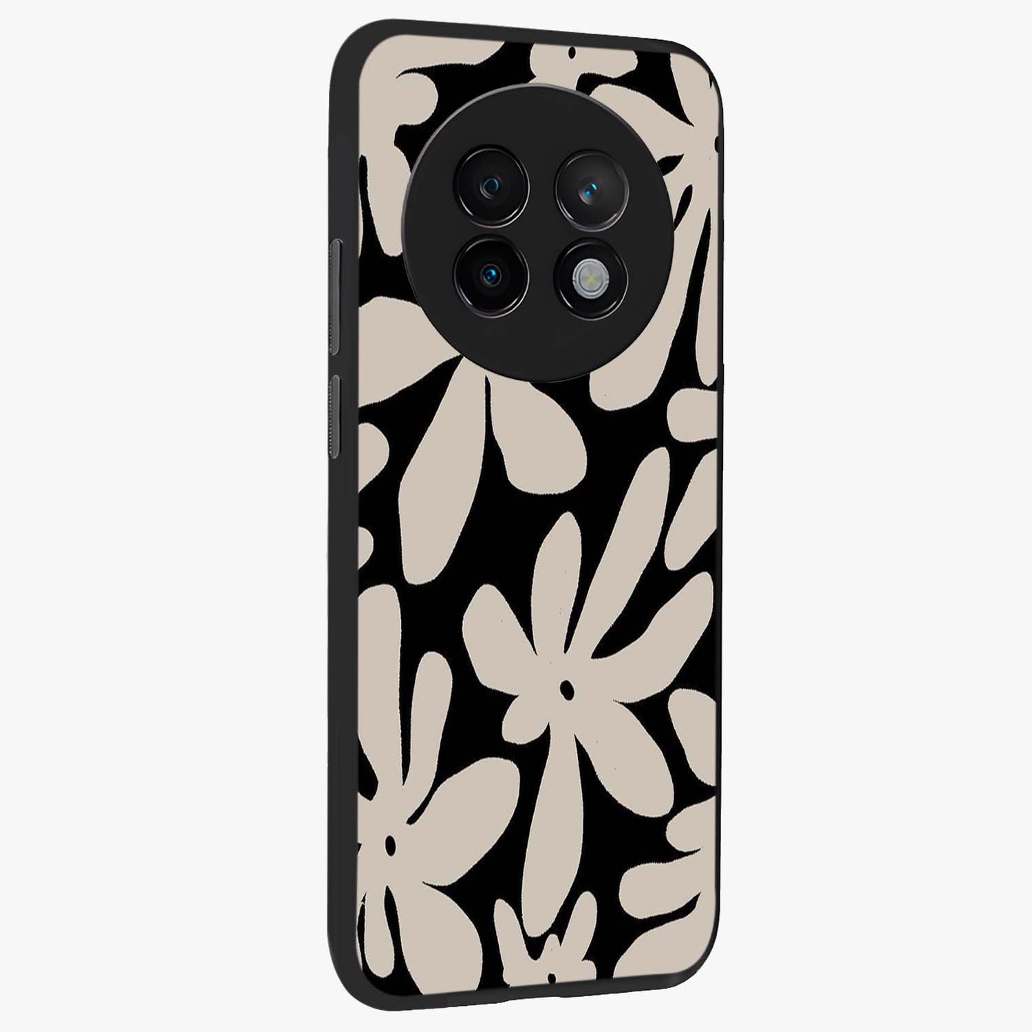 Monochrome Petal Dance Glass Case upright view showcasing artistic floral pattern with stylish monochrome theme.