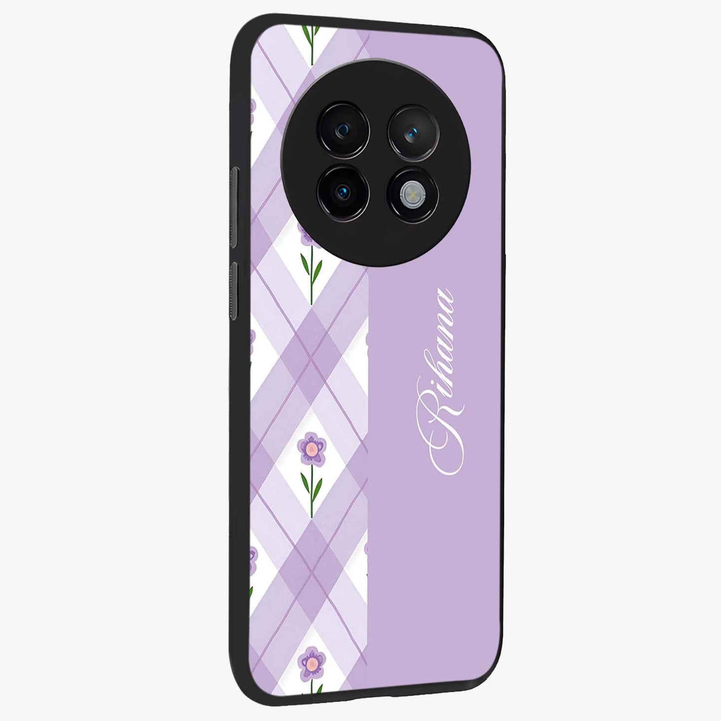 Purple Diamond Floral Glass Case upright view showcasing vibrant floral artwork with stylish geometric theme.