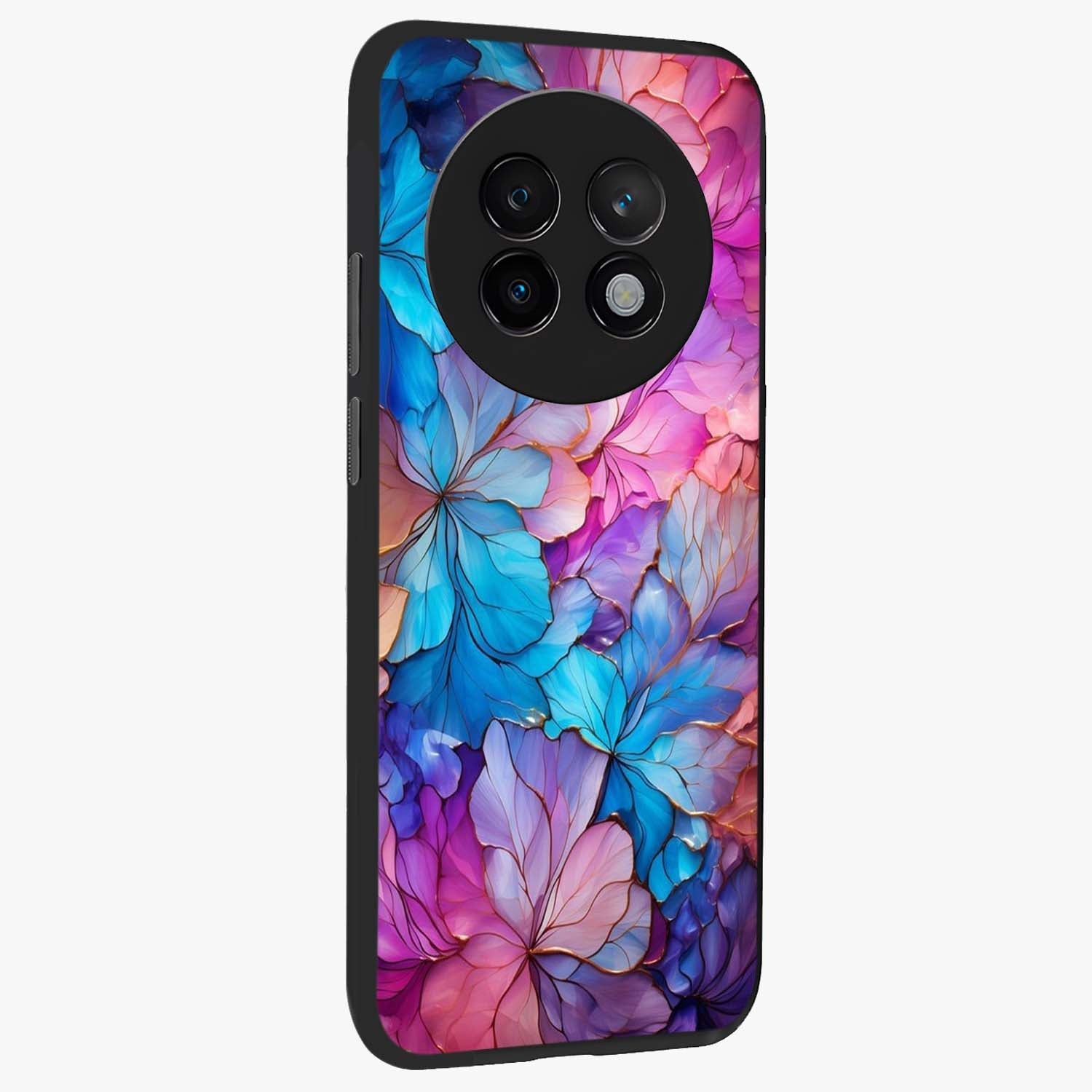 Radiant Floral Whirl Glass Case upright view showcasing lively floral artwork with decorative swirl theme.
