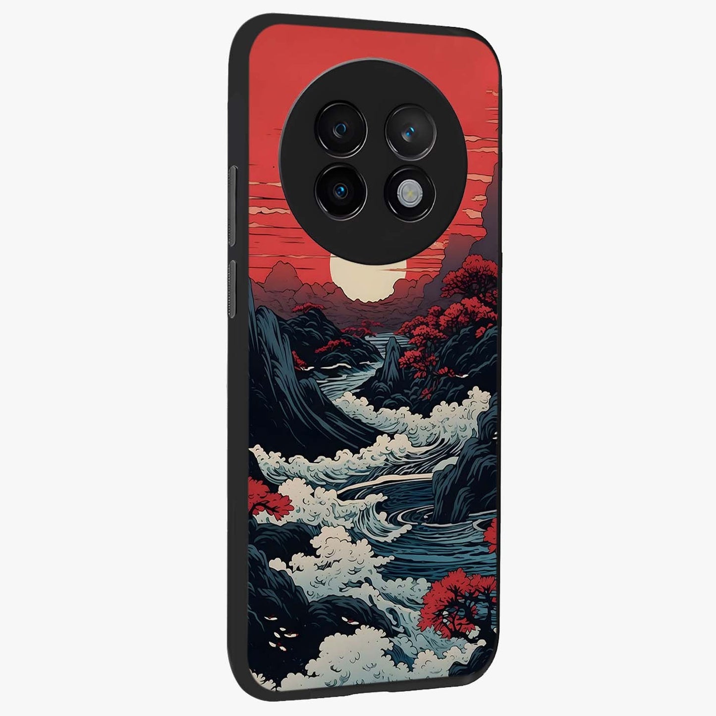 Red Sunset Scenery Glass Case upright view showcasing dramatic sunset scenery artwork with warm nature theme.