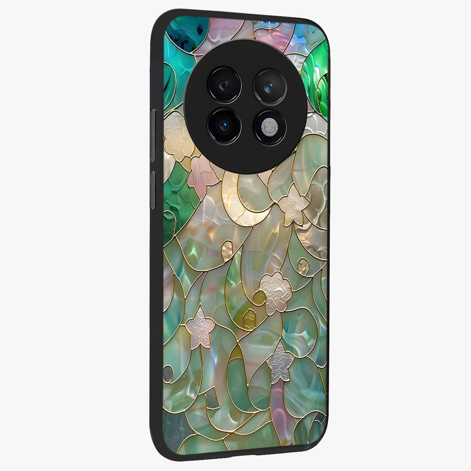 Stained Sunrise Glow Glass Case upright view showcasing colorful sunrise artwork with warm morning theme.