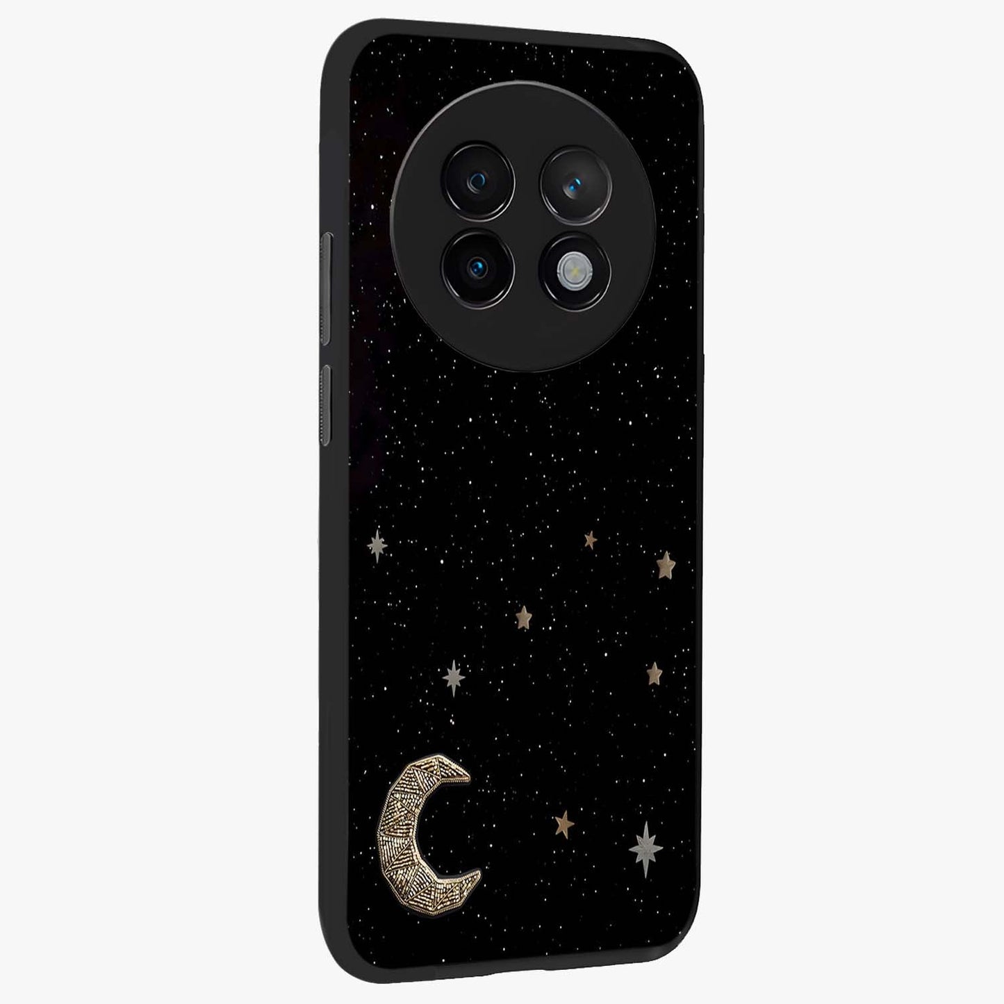 Twinkle Star With Half Moon Glass Case upright view showcasing glowing cosmic artwork with dreamy night theme.