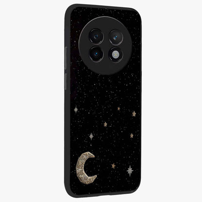 Twinkle Star With Half Moon Glass Case upright view showcasing glowing cosmic artwork with dreamy night theme.