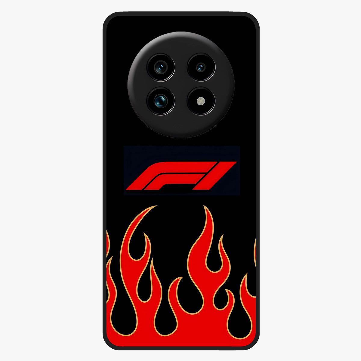Fire F11 Glass Case showing flat back view with fiery themed artwork and glossy glass finish.