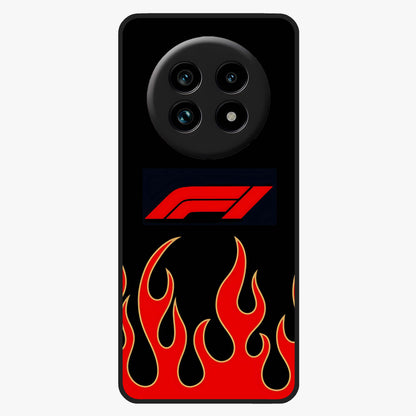 Fire F11 Glass Case showing flat back view with fiery themed artwork and glossy glass finish.