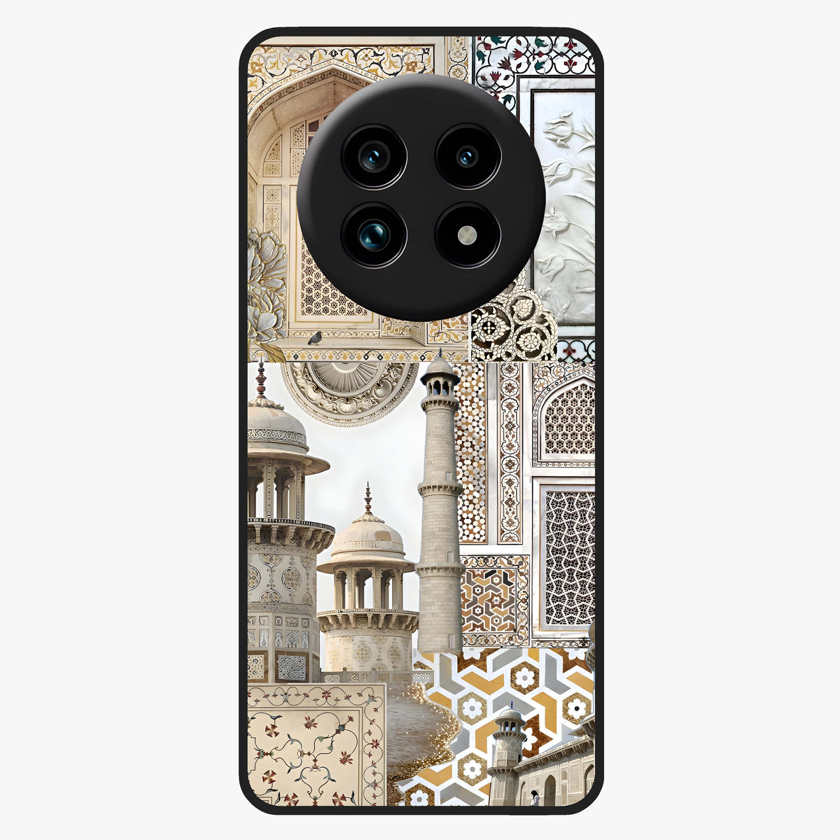 Mughal Marble Legacy Glass Case showing flat back view with intricate Mughal inspired marble pattern and glossy glass finish.
