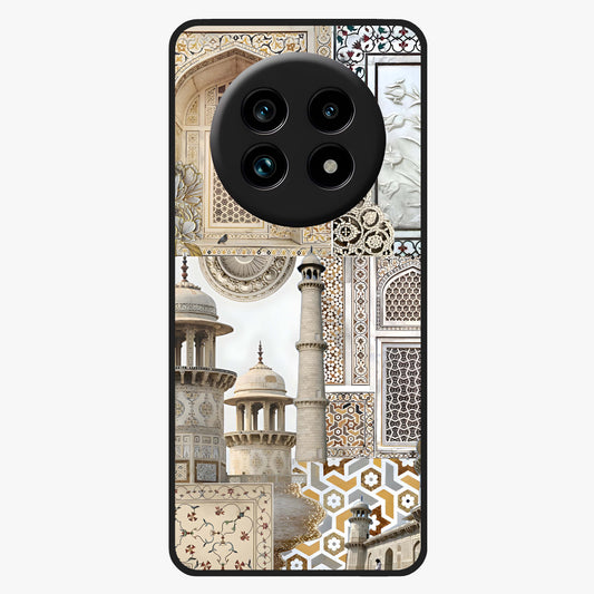 Mughal Marble Legacy Glass Case showing flat back view with intricate Mughal inspired marble pattern and glossy glass finish.