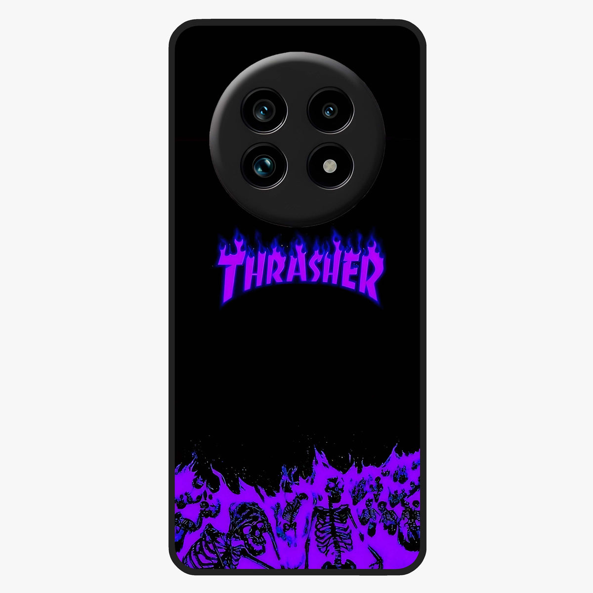 Neon Flame Riot Glass Case showing flat back view with neon flame artwork and glossy glass finish.
