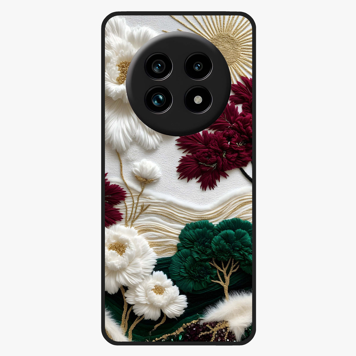Radiant Bloom Elegance Glass Case showing flat back view with elegant blooming flower artwork and glossy glass finish.