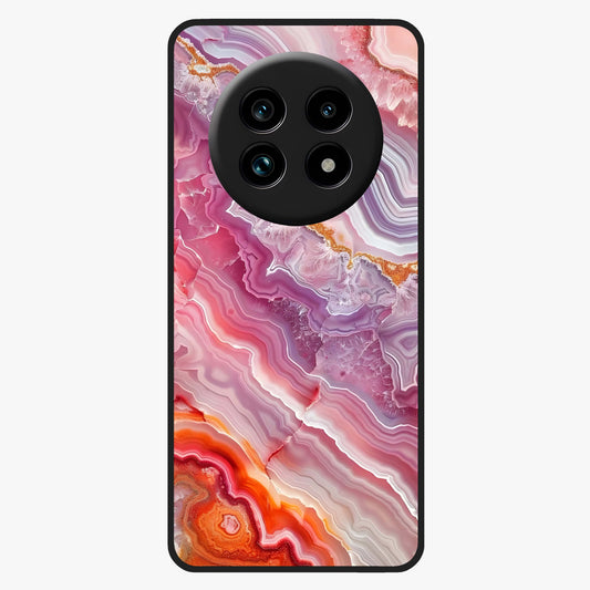 Rose Quartz Marble Glass Case showing flat back view with pink marble quartz texture artwork and glossy glass finish.