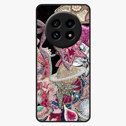 Starlit Jewel Dream Glass Case showing flat back view with sparkling jewel and star themed artwork and glossy glass finish.