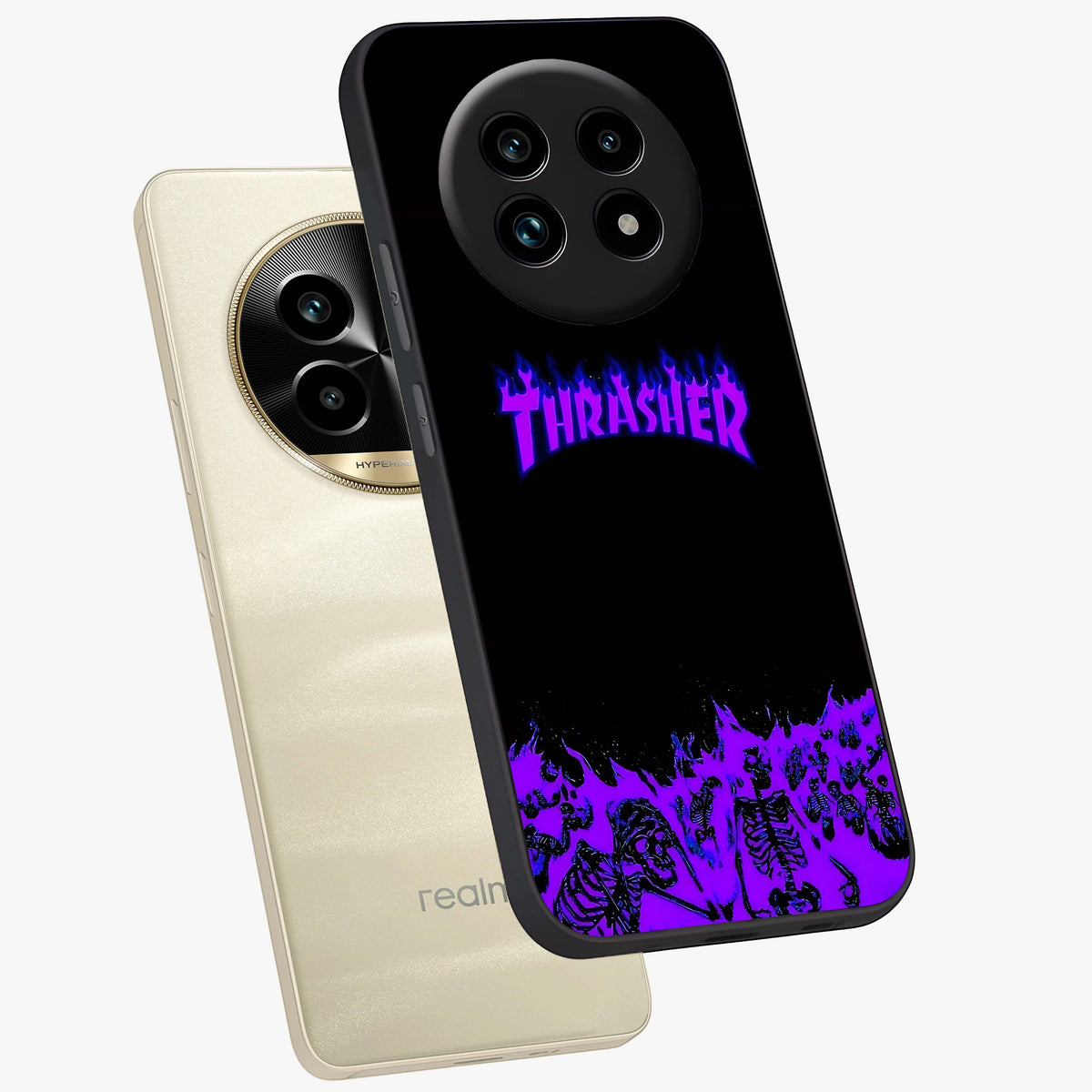 Neon Flame Riot Glass Case displayed in angled mockup highlighting glowing flame design with vibrant neon aesthetic.