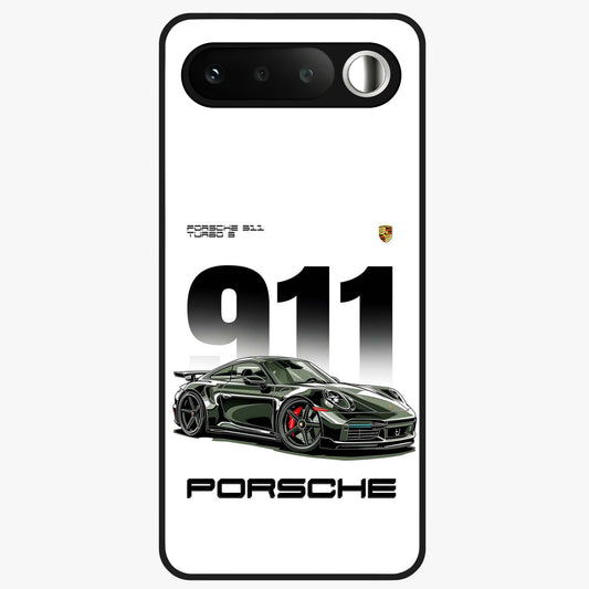 911 Turbo Dominance Glass Case showing clean flat back view with bold 911 sports car artwork and glossy glass finish.