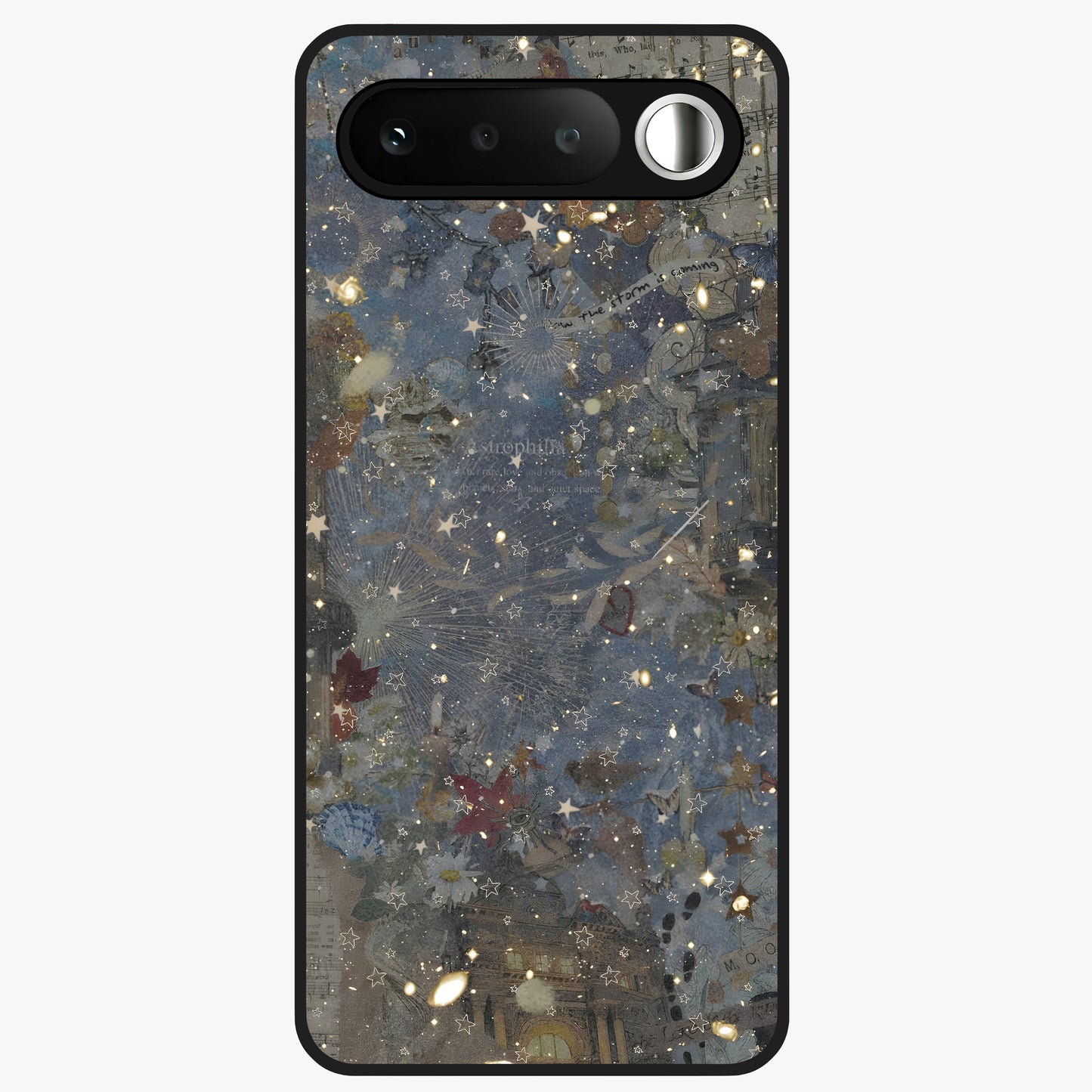 Aesthetic Astrolophia Glass Case showing flat back view with dreamy aesthetic design and glossy glass finish.