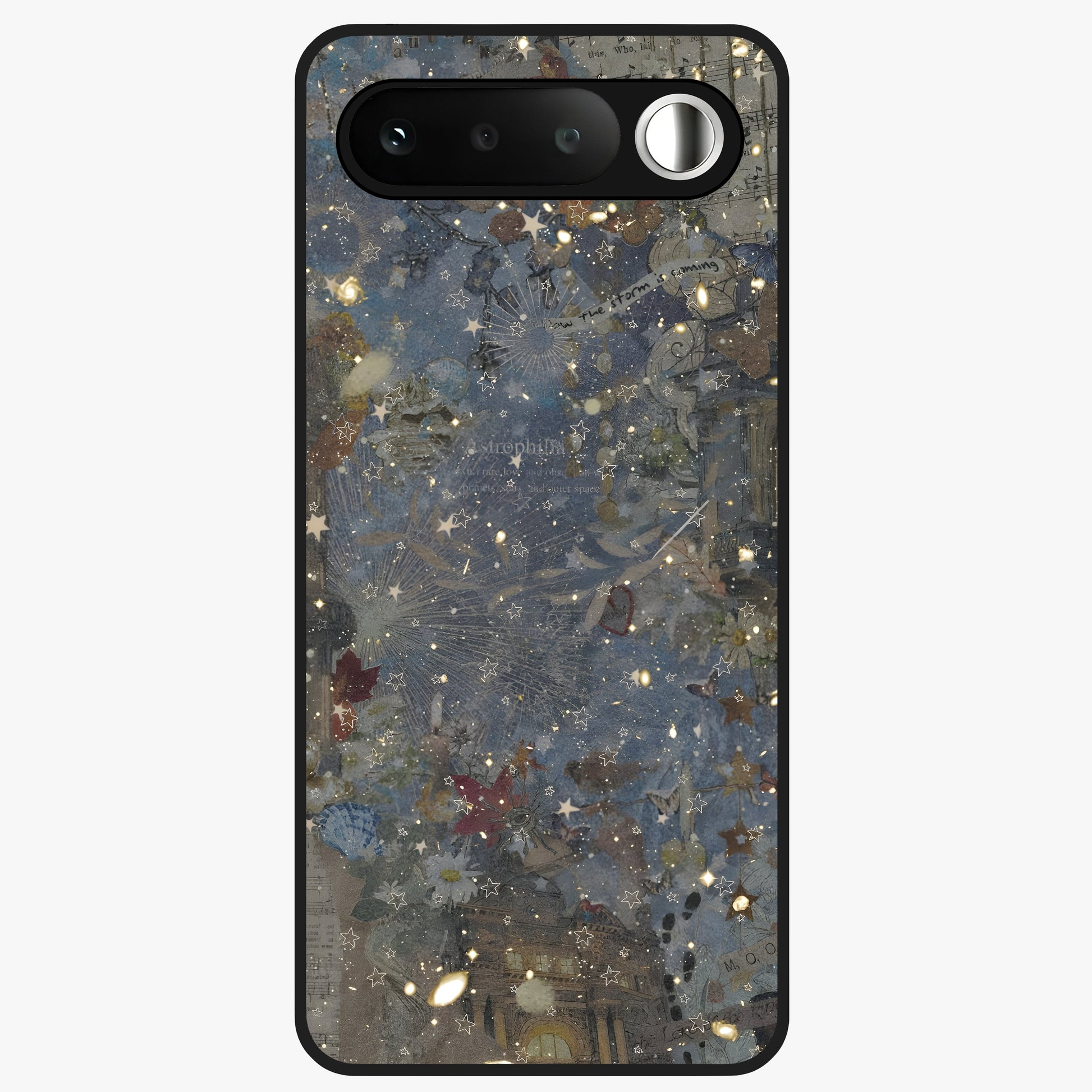Aesthetic Astrolophia Glass Case showing flat back view with dreamy aesthetic design and glossy glass finish.