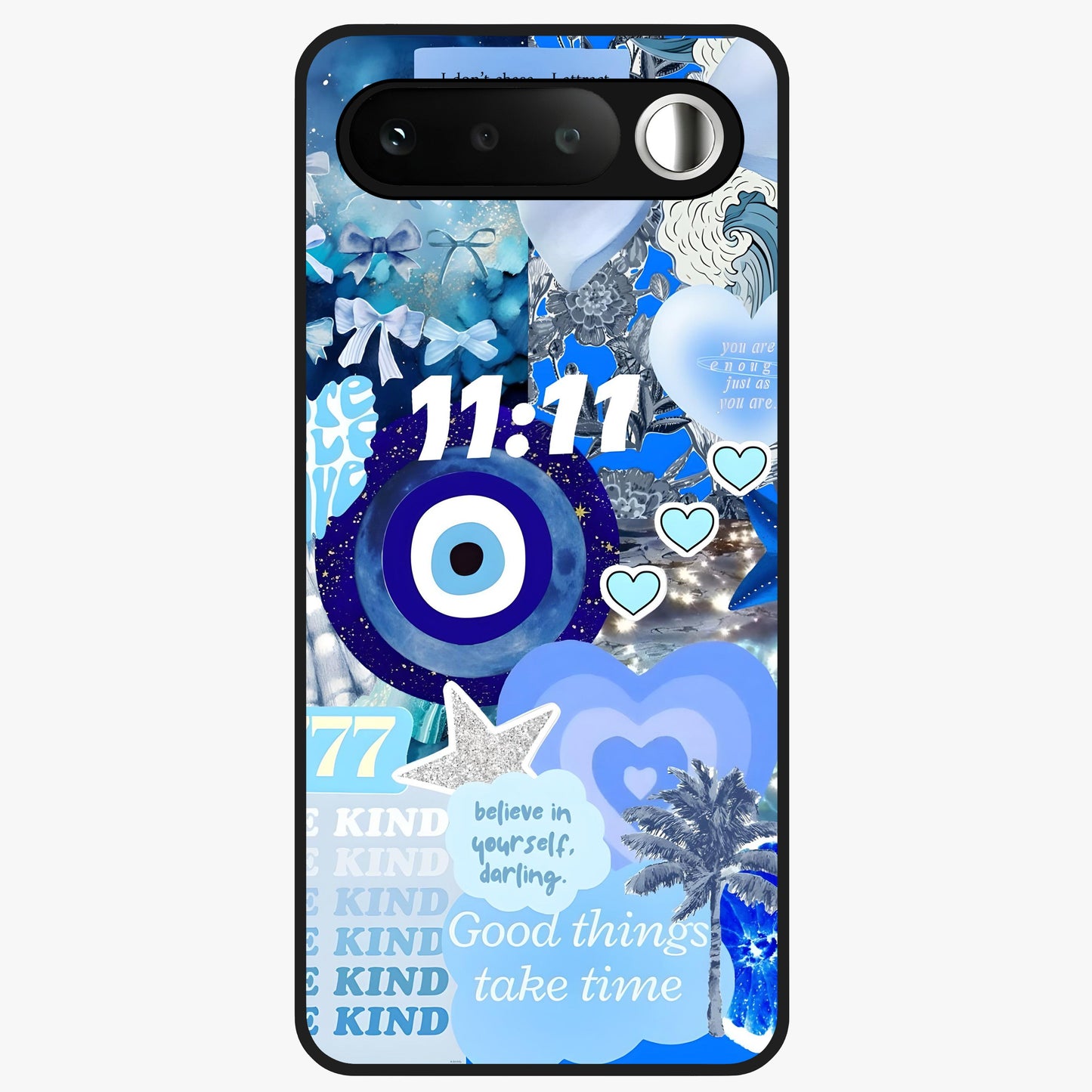 Aesthetic Be Kind Eye Glass Case showing flat back view with motivational eye artwork and glossy glass finish.