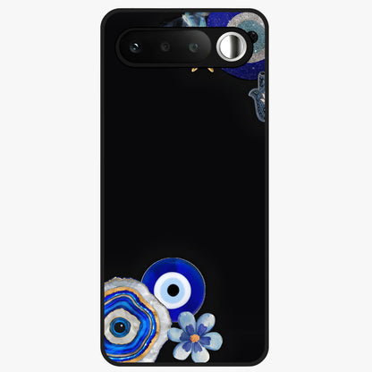Aesthetic Blue Evil Eye Glass Case showing flat back view with protective evil eye artwork and glossy glass finish.