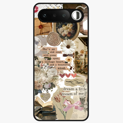 Aesthetic Brown Vintage Collage Glass Case showing flat back view with retro collage artwork and glossy glass finish.