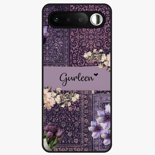 Antique Floral Whisper Custom Name Glass Case showing flat back view with vintage floral artwork and personalized name design.