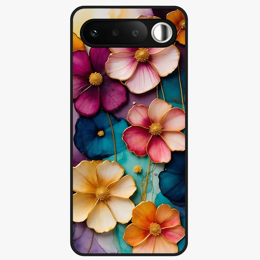 Artlyn Grace Flower Pattern Glass Case showing flat back view with elegant floral pattern artwork and glossy glass finish.