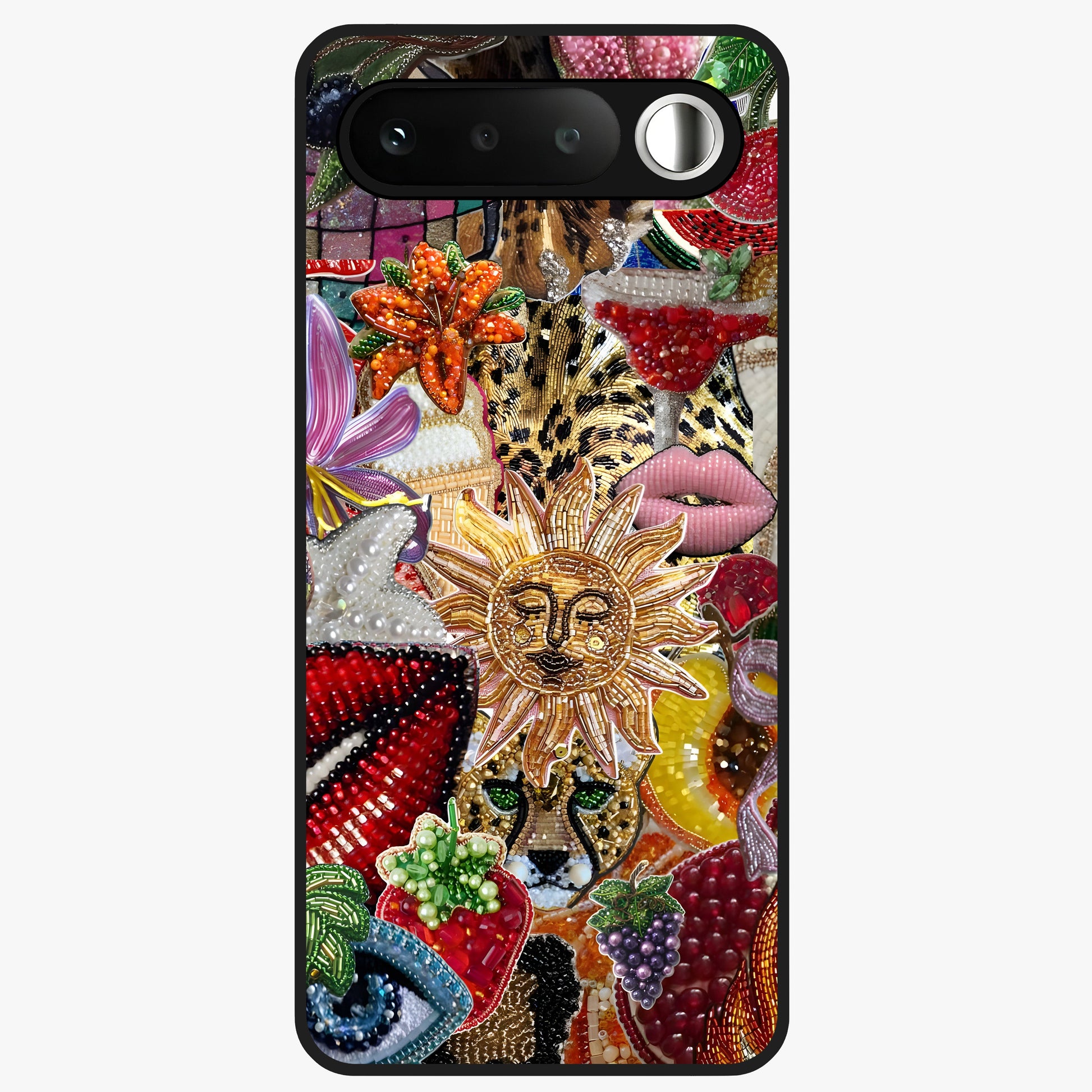 Beaded Fashion Jungle Glass Case showing flat back view with vibrant jungle inspired bead artwork and glossy glass finish.