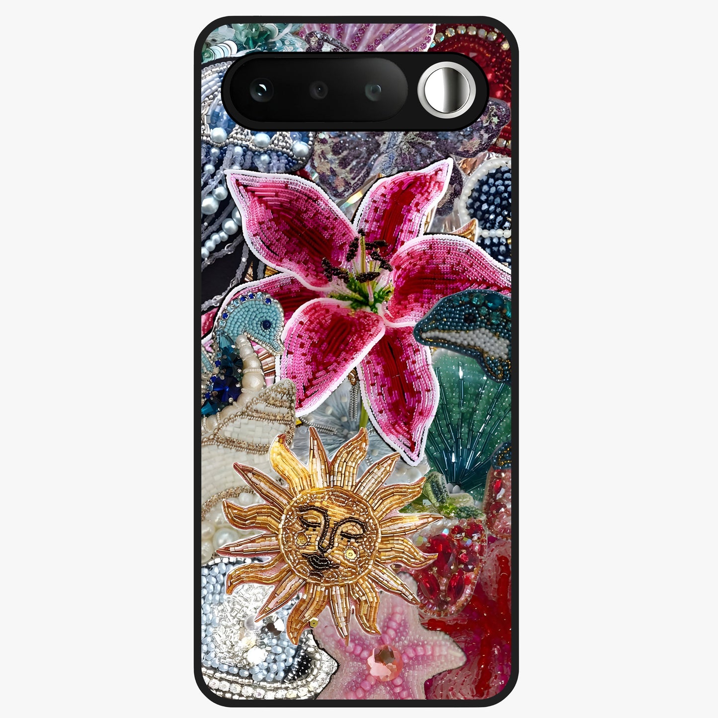 Beaded Garden Fantasy Glass Case showing flat back view with dreamy garden bead artwork and glossy glass finish.
