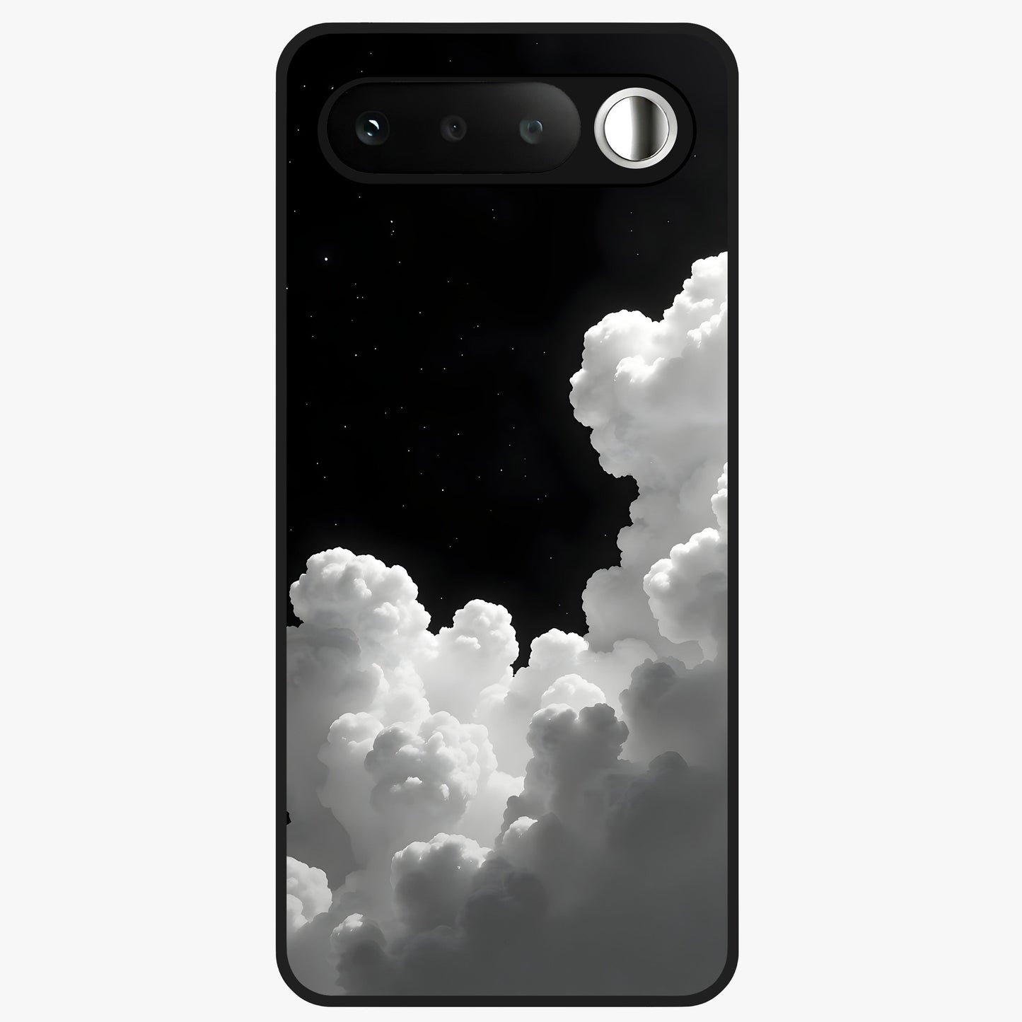 Black Background With White Cloud Glass Case showing flat back view with minimal cloud artwork on dark background and glossy glass finish.