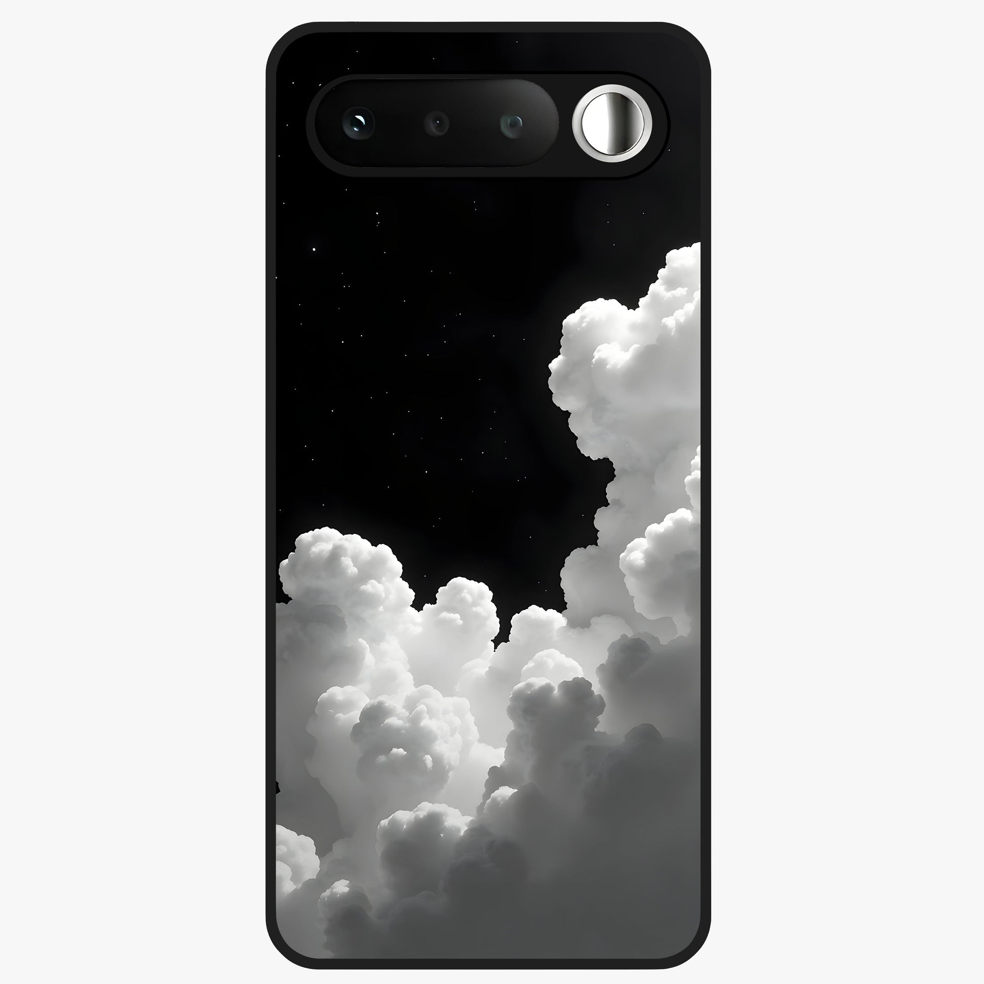 Black Background With White Cloud Glass Case showing flat back view with minimal cloud artwork on dark background and glossy glass finish.