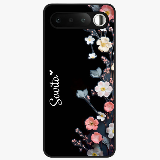 Black Elegance Floral Custom Name Glass Case showing flat back view with elegant floral artwork and personalized name design.