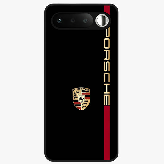 Black Minimal Porsche Glass Case showing flat back view with sleek minimal sports car artwork and glossy glass finish.