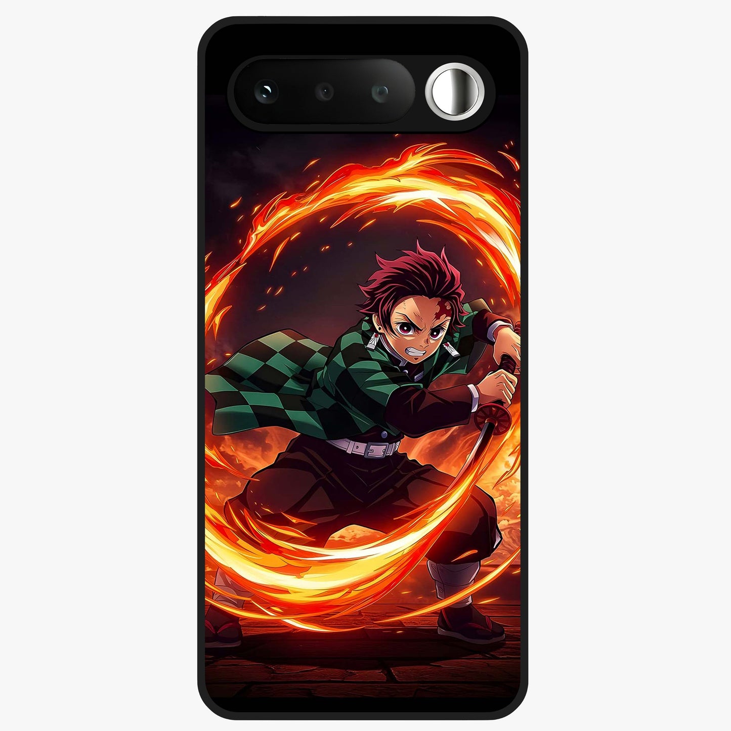 Blazing Sword Resolve Glass Case showing flat back view with fiery sword artwork and glossy glass finish.