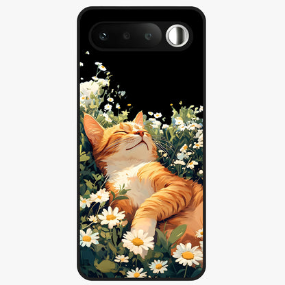 Blissful Bloom Cat Glass Case showing flat back view with cute cat and floral bloom artwork and glossy glass finish.