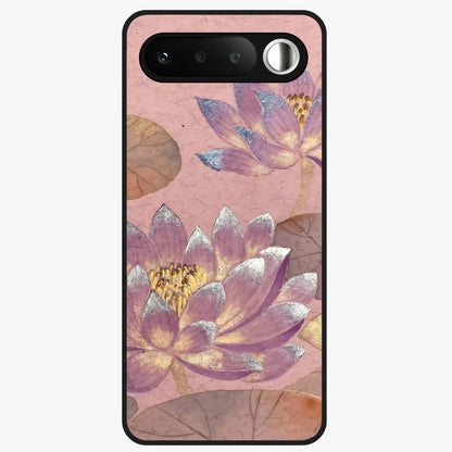 Blossom Mist Lotus Glass Case showing flat back view with serene lotus blossom artwork and glossy glass finish.
