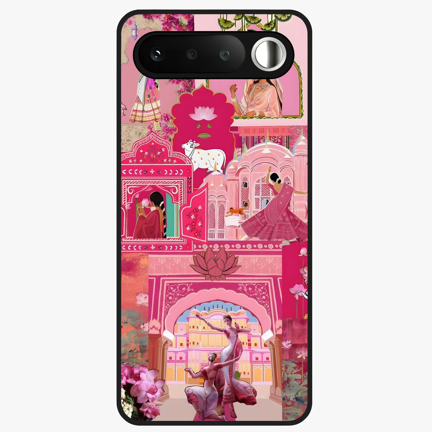 Blossoms of Rajasthan Glass Case showing flat back view with traditional floral artwork inspired by Rajasthan and glossy glass finish.