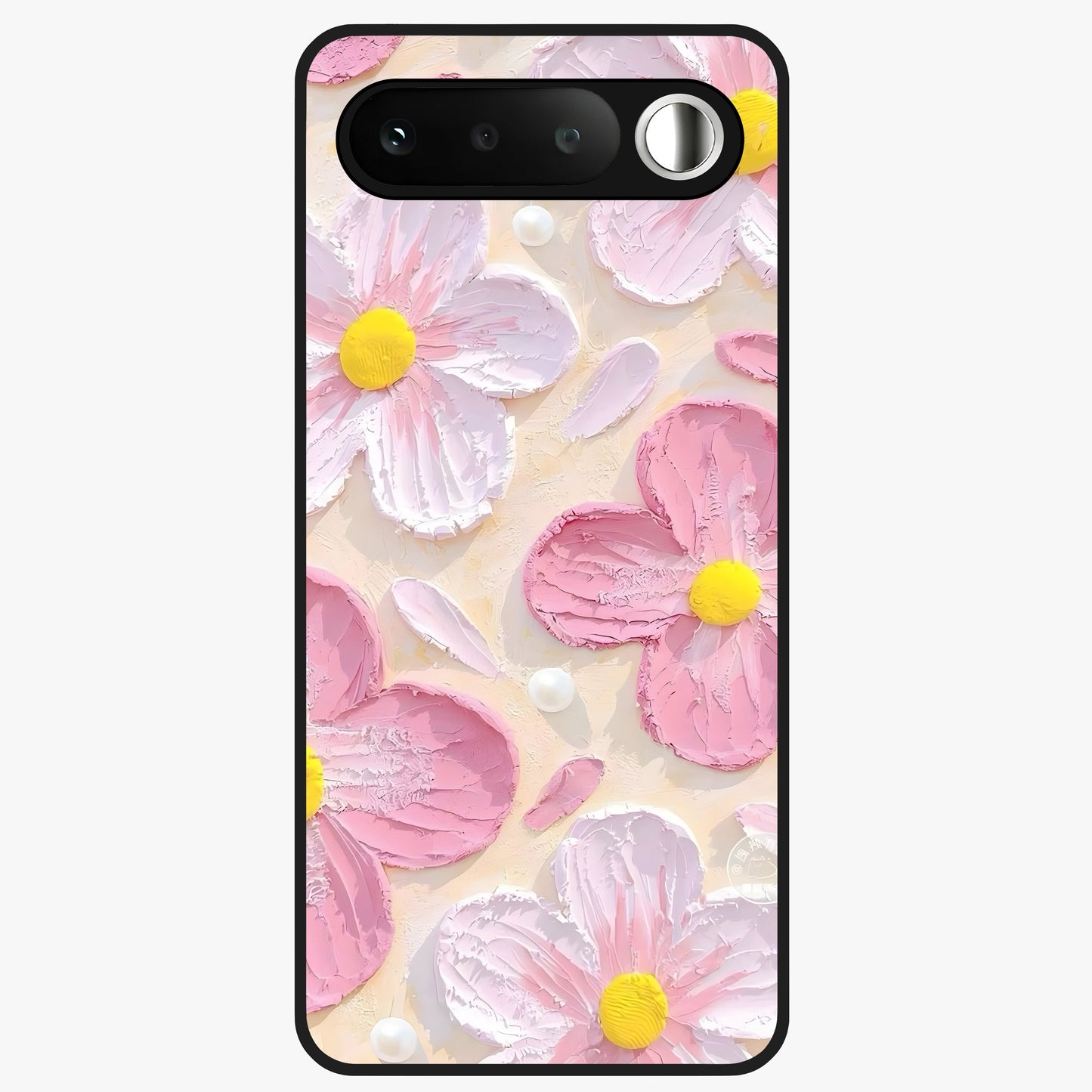 Blush Bloom Texture Glass Case showing flat back view with soft blush floral texture artwork and glossy glass finish.