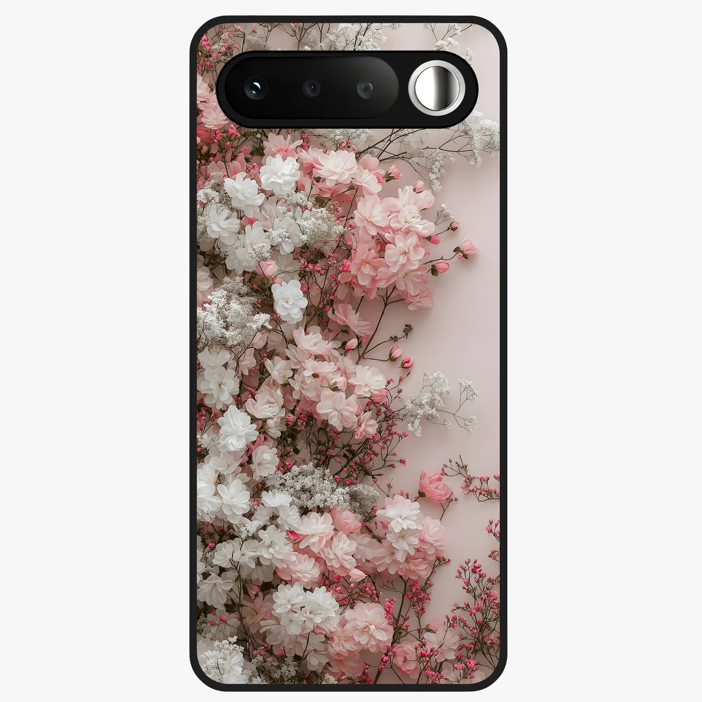 Blush Blossom Cloud Glass Case showing flat back view with dreamy blush cloud blossom artwork and glossy glass finish.