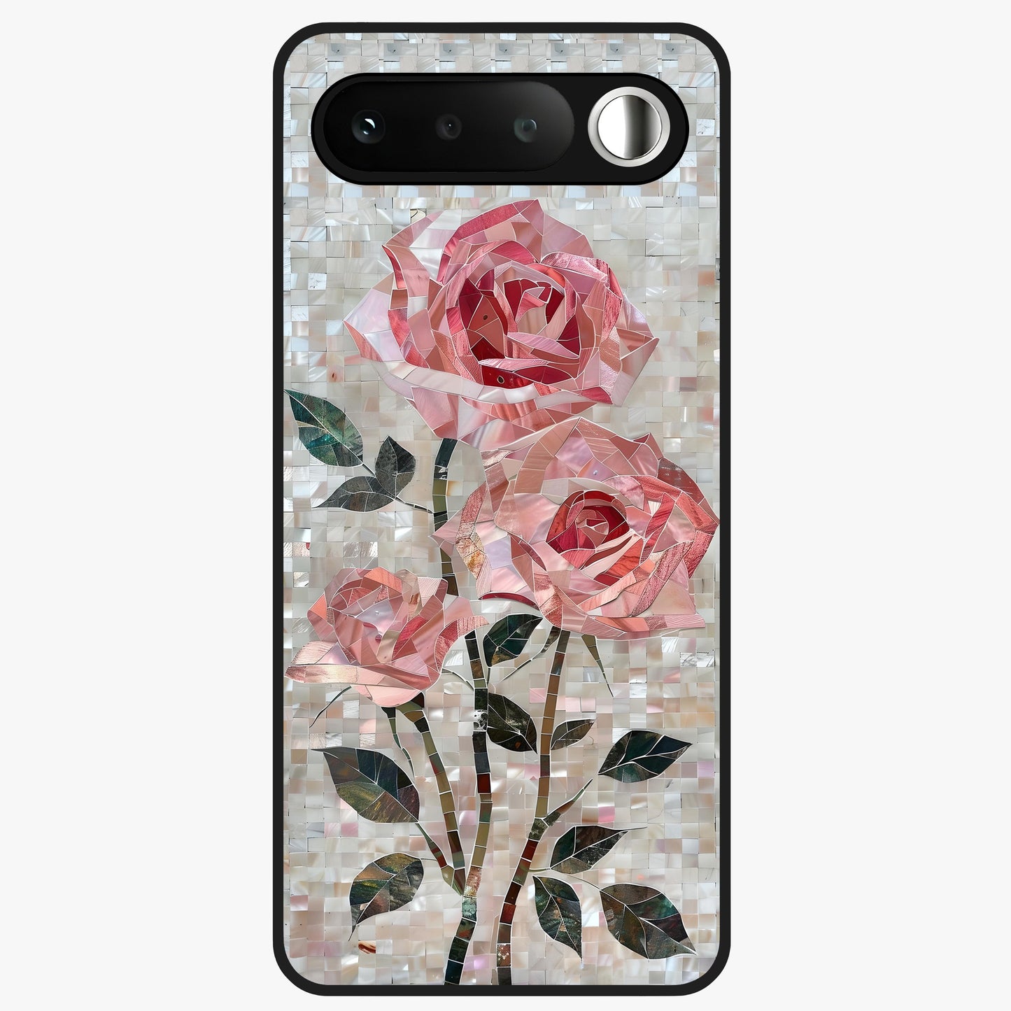Blush Mosaic Bloom Glass Case showing flat back view with mosaic floral bloom artwork and glossy glass finish.