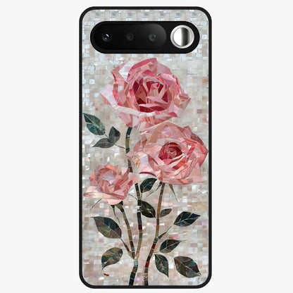 Blush Mosaic Bloom Glass Case showing flat back view with mosaic floral bloom artwork and glossy glass finish.