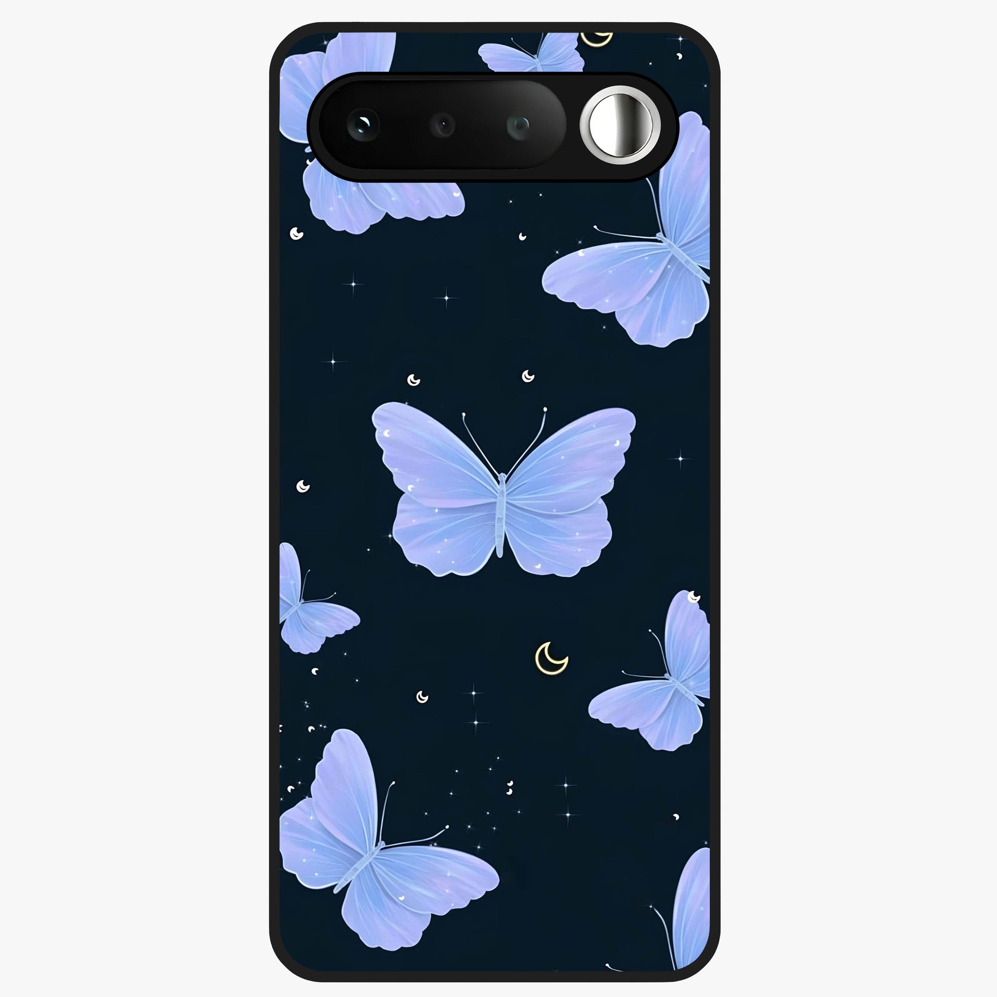 Butterfly With Stars Pattern Glass Case showing flat back view with butterfly and star pattern artwork and glossy glass finish.