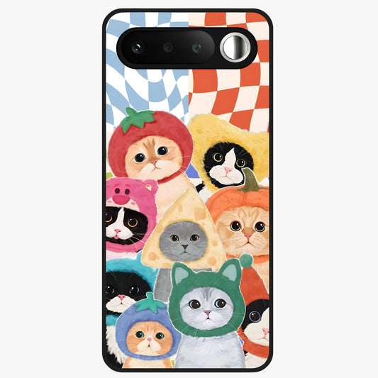 Cats in Fruits Glass Case showing flat back view with playful cat illustrations inside fruit artwork and glossy glass finish.