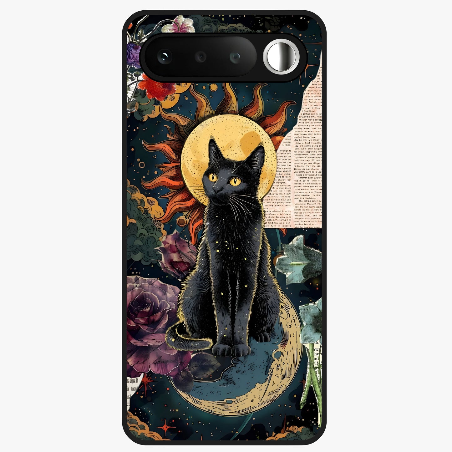 Celestial Black Cat Glass Case showing flat back view with mystical black cat artwork and glossy glass finish.