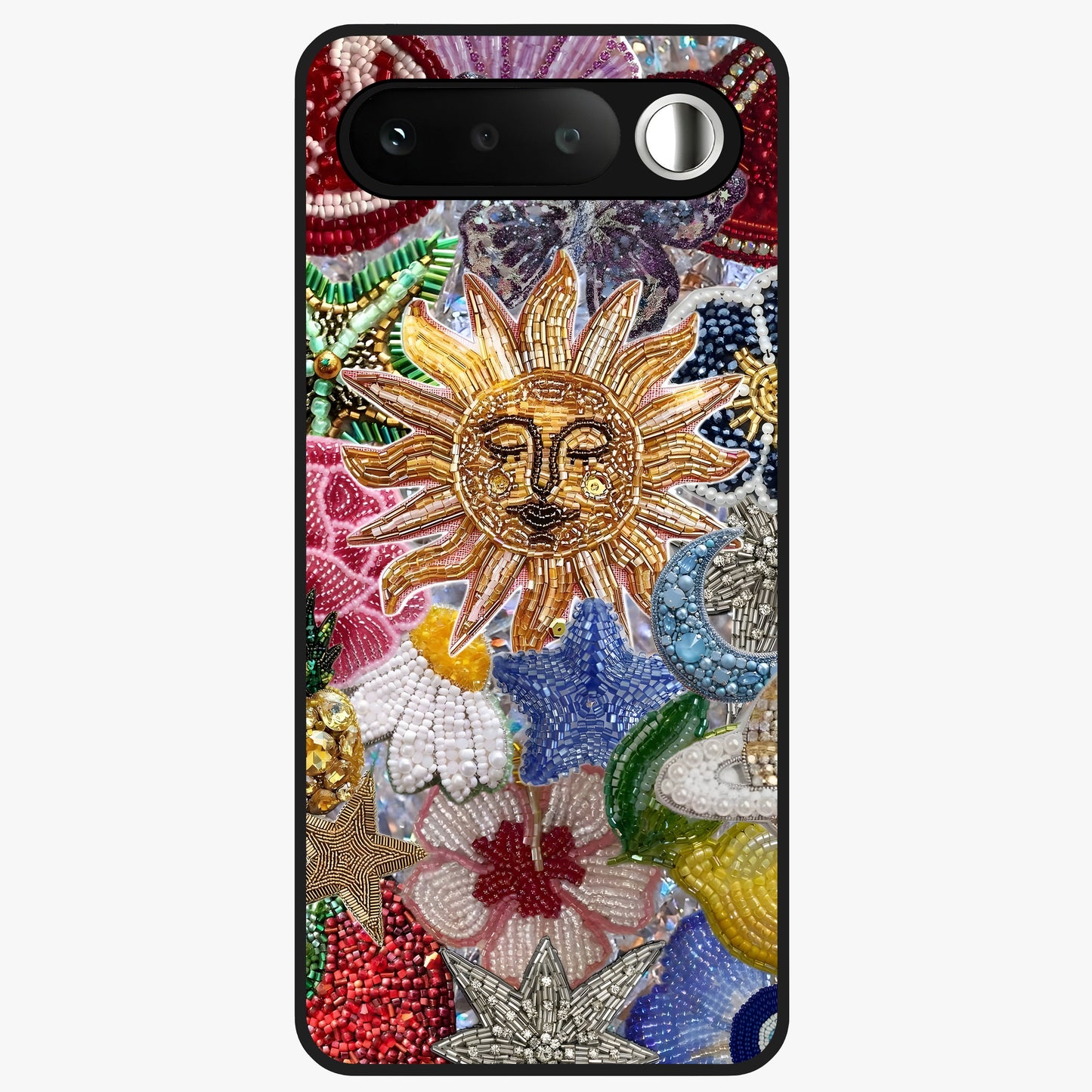 Celestial Floral and Playful Glass Case showing flat back view with floral and celestial themed artwork and glossy glass finish.